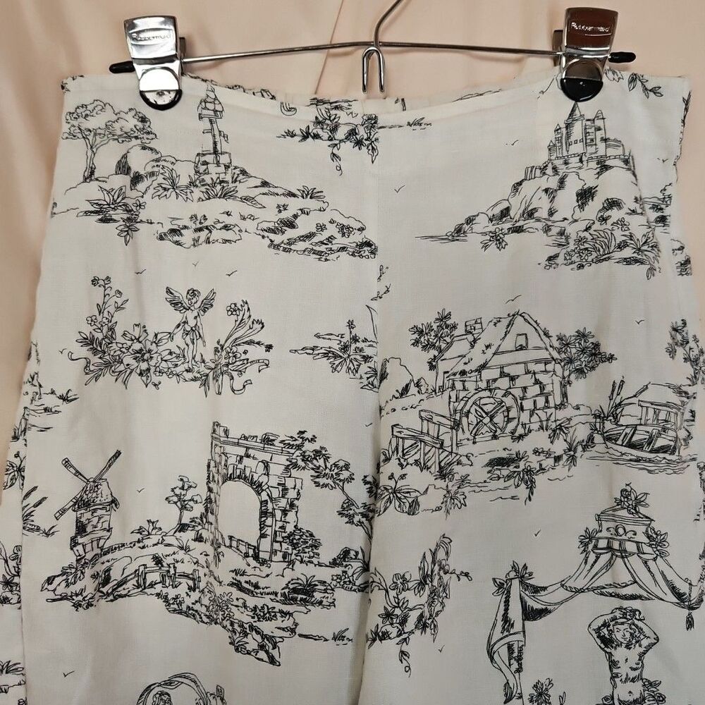 Aegean Toile Scenic Print Cropped Linen Pants Women's XS Breathable Quiet Luxury - Picture 2 of 7